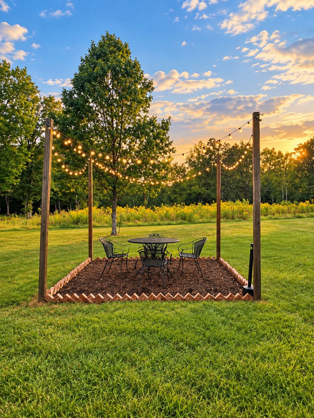 Een terras met een tafel en stoelen, omringd door een bakstenen rand, verlicht met lichtslingers.