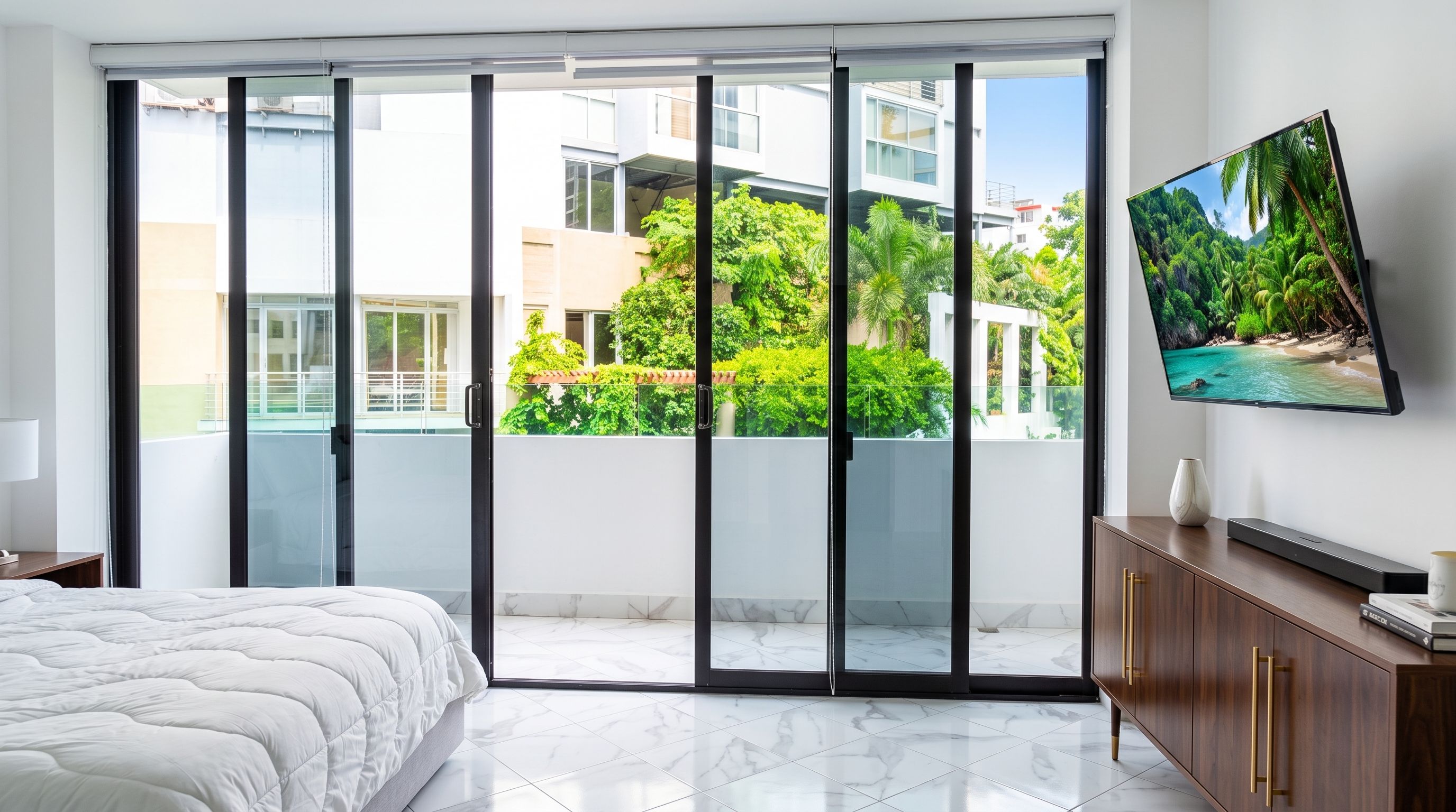 A modern bedroom with a large bed, a TV mounted on the wall, and a sliding glass door leading to a balcony with a view of greenery and buildings.