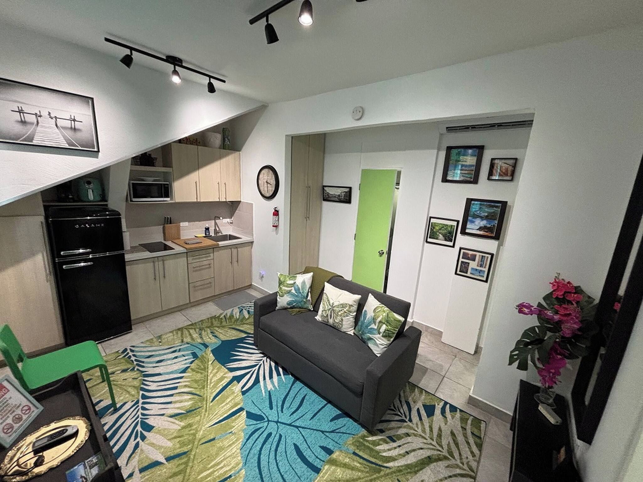 A compact living space with a kitchenette, a sofa, and a green door leading to another room.