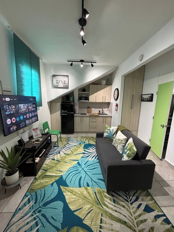 Una sala de estar moderna con un televisor de pantalla plana, un sofá, una mesa de centro y una alfombra estampada.