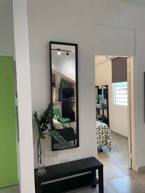 Una habitación con un espejo grande, una planta verde, una consola negra y vistas a una zona de cocina.