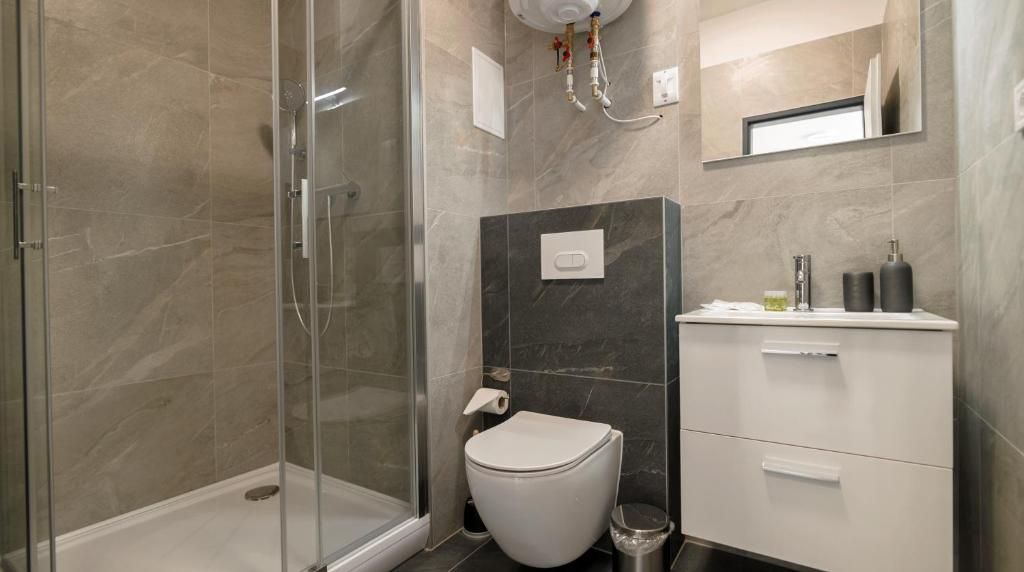 A modern bathroom with a glass-enclosed shower, a toilet, and a vanity with a mirror.