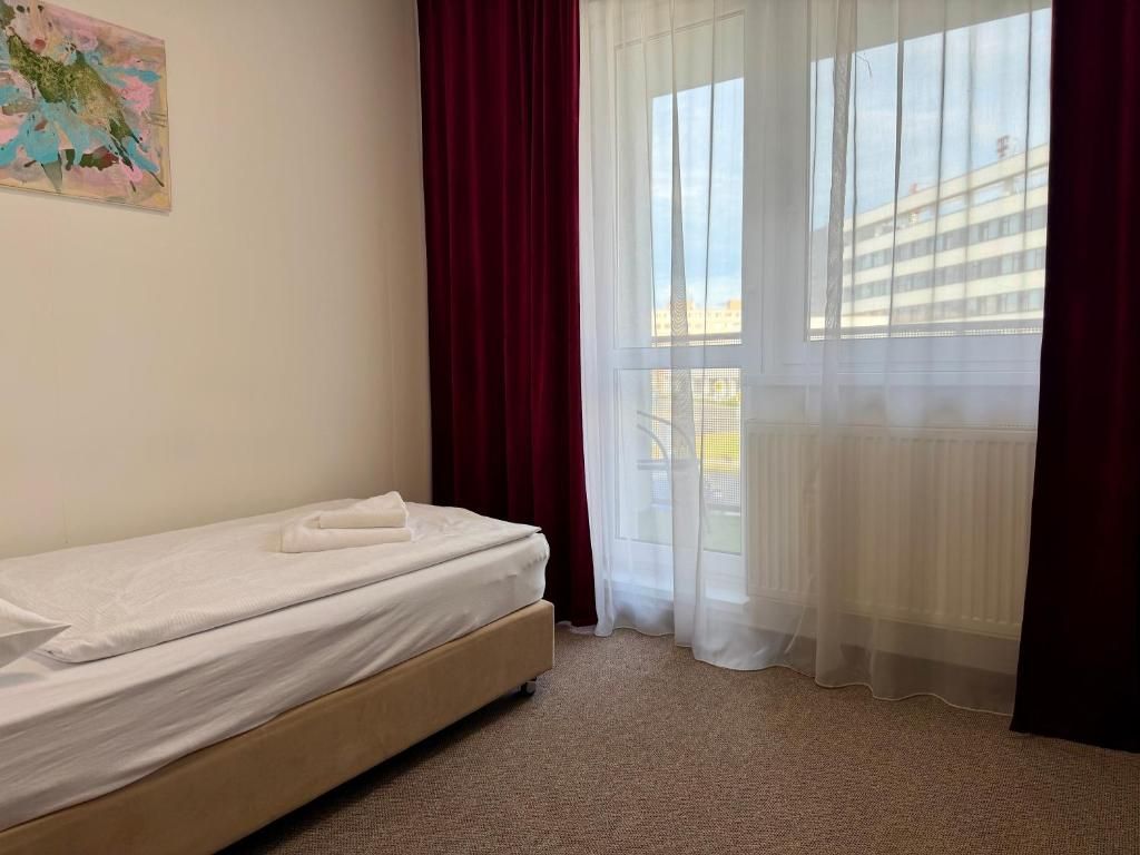 A single bed with a white mattress and a brown headboard in a room with a view of a building through sheer curtains.