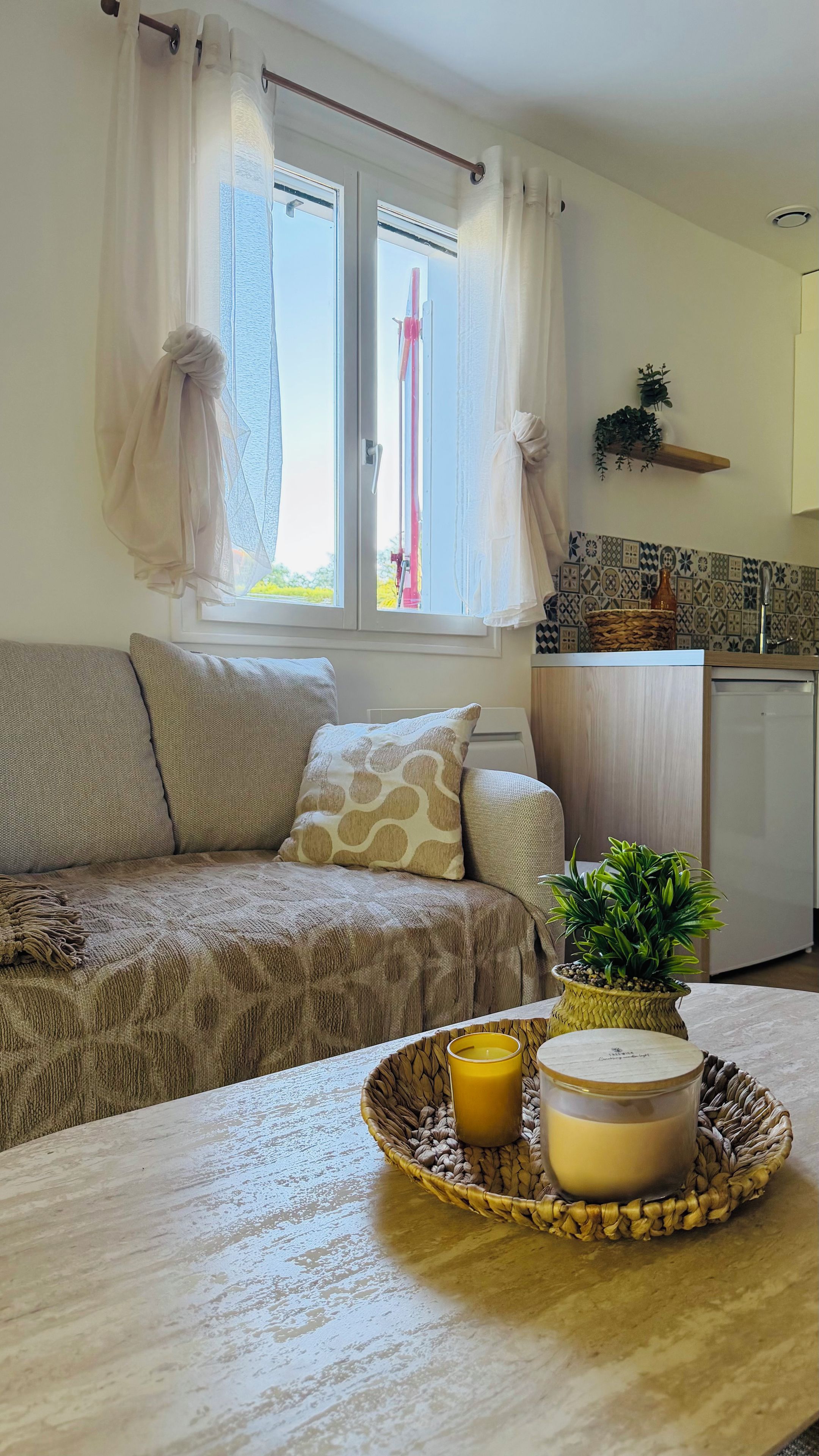 Een woonkamer met een bank, een tafel met een kaars en een plant, en een keuken met een spoelbak en kastjes.