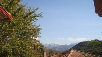 A residential area with terracotta roof tiles, a tree, and a mountainous backdrop.