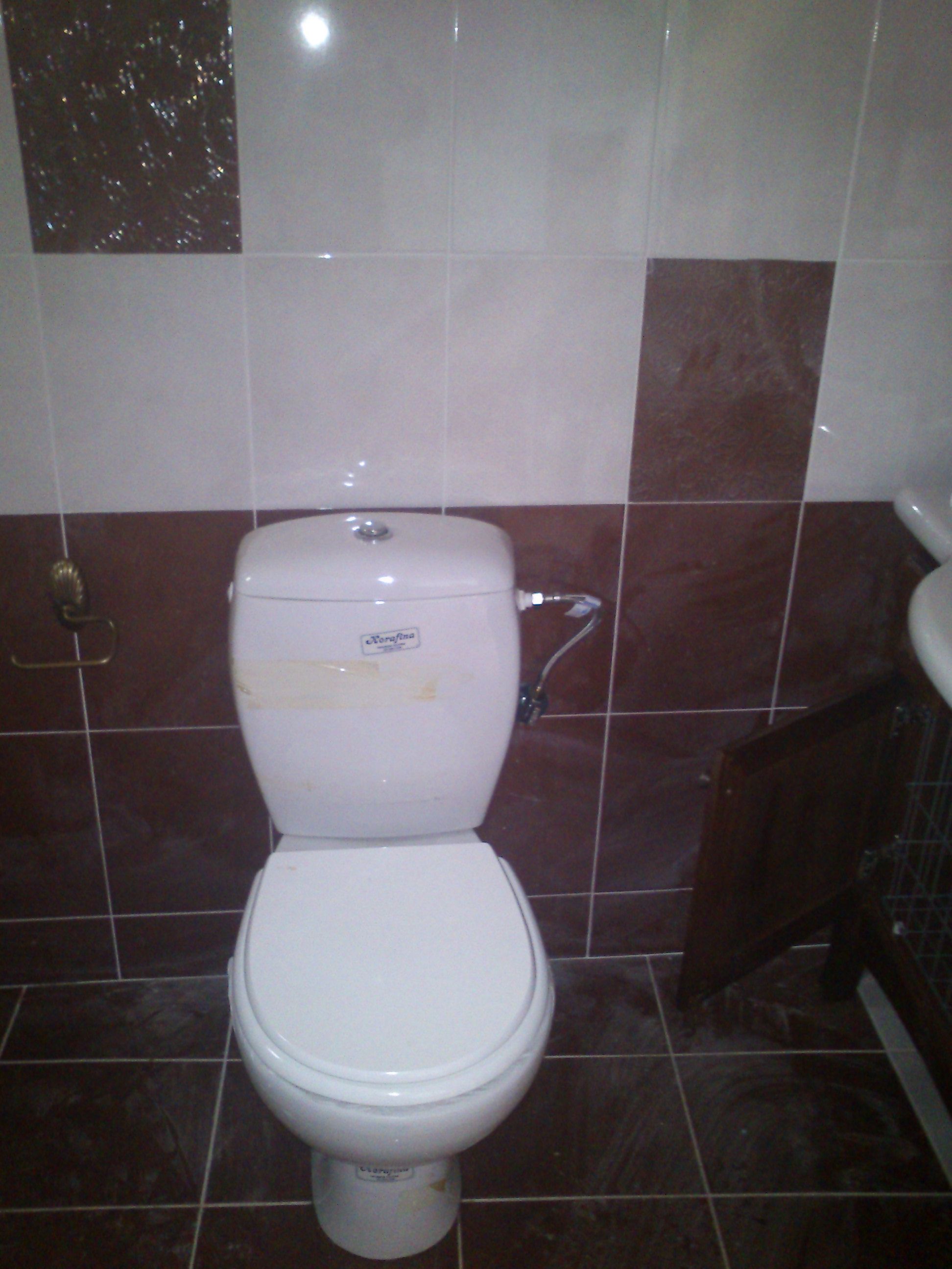 Un inodoro blanco estándar en un baño con paredes cubiertas de azulejos marrón oscuro y blanco.