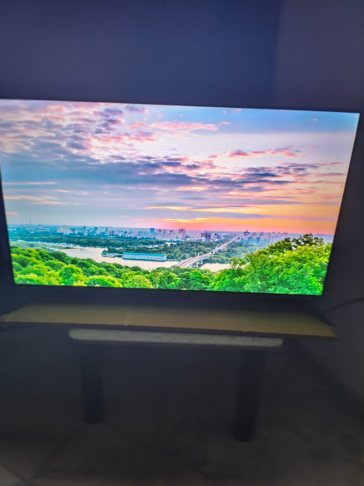 Un televisor mostrando un paisaje con un río, vegetación y el horizonte de una ciudad.