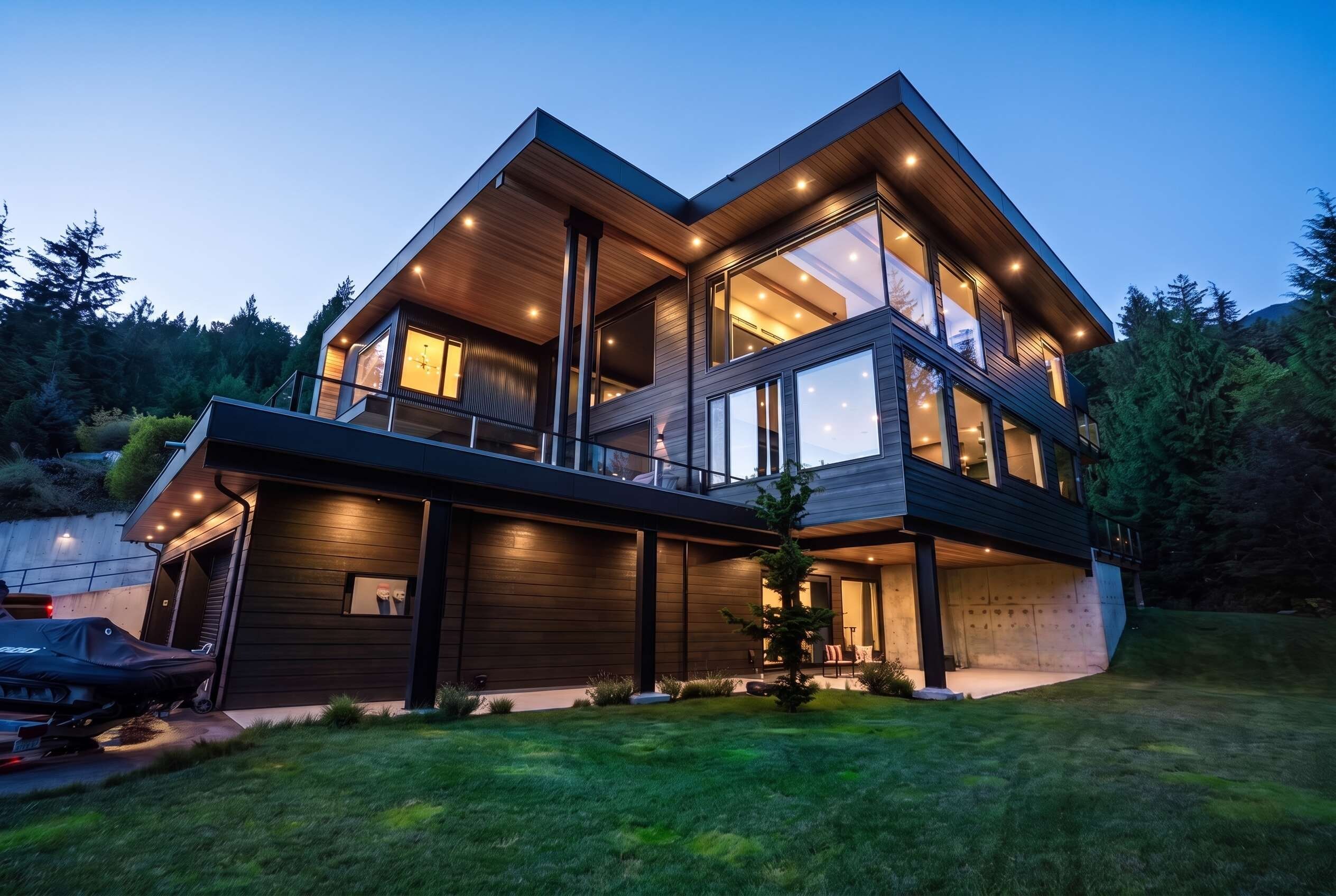 Ein modernes, zweistöckiges Haus mit großen Fenstern und einem überdachten Außenbereich.