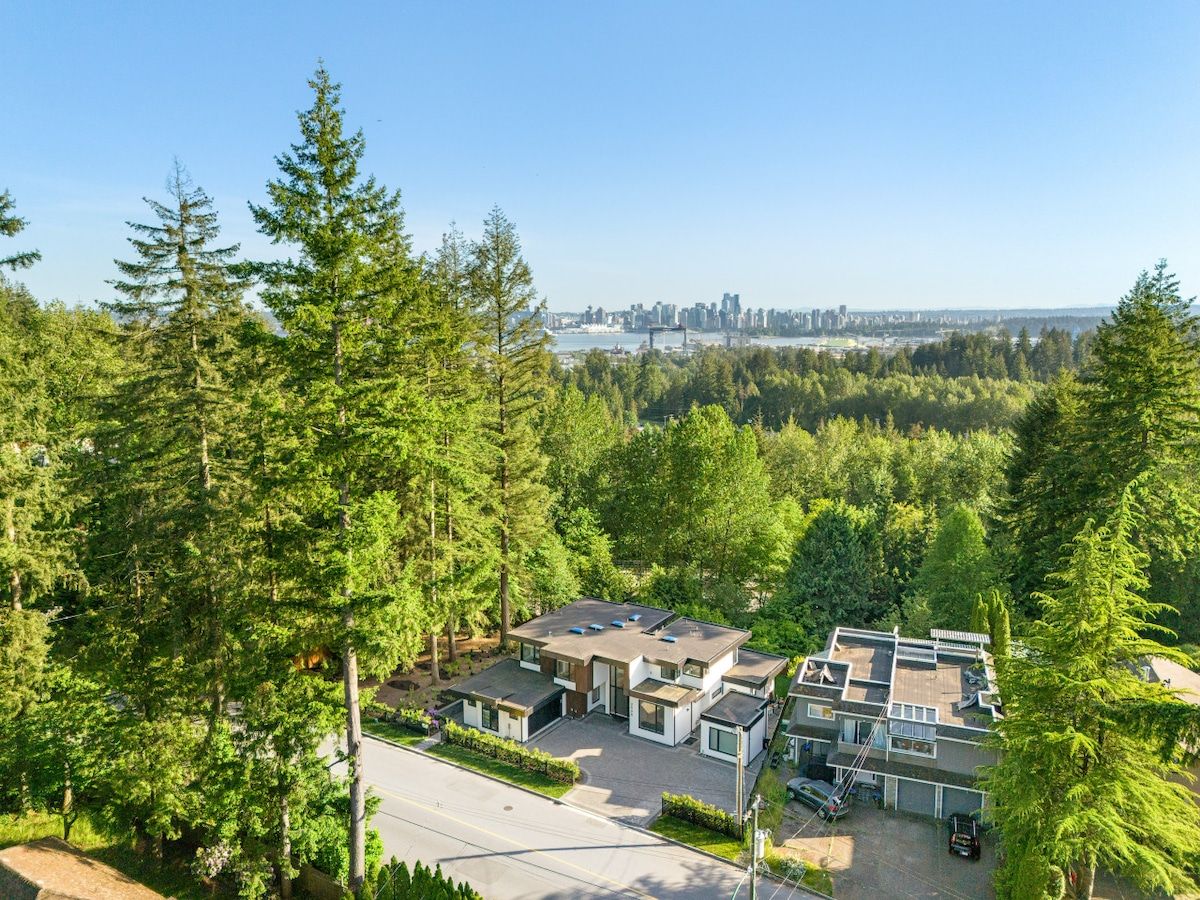A modern residential complex with multiple connected houses, surrounded by dense forest, and a city skyline in the distance.