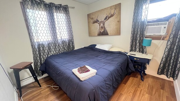 A bedroom with a bed, a bedside table with a lamp, a wall-mounted air conditioner, and a painting of a moose. - Cozy 2-bedroom house in brilliant Dilworth with AC (Dilworth)
