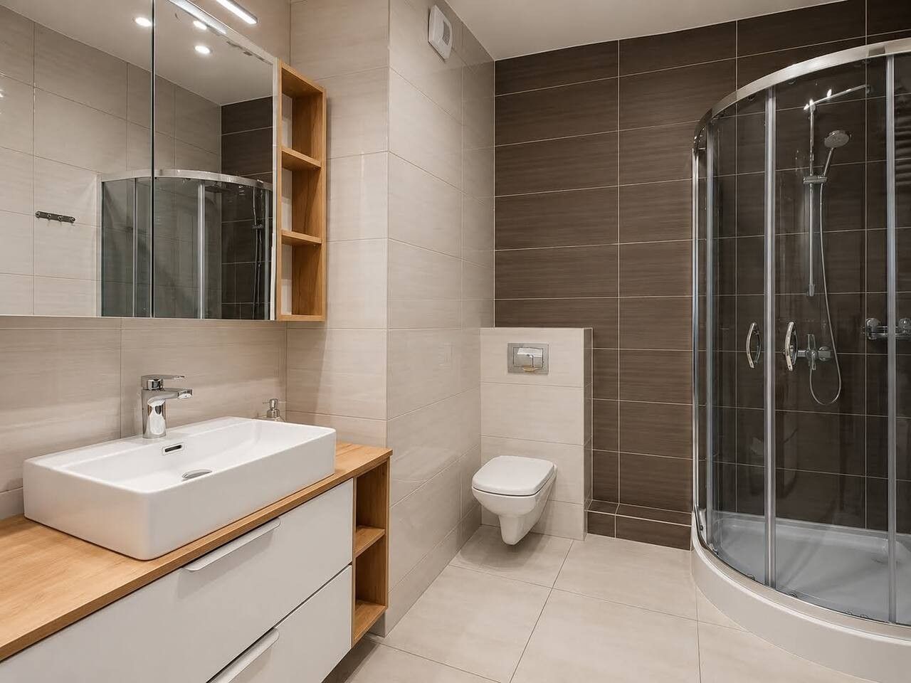 Un baño moderno con ducha envuelta en vidrio, un lavabo blanco y un inodoro.