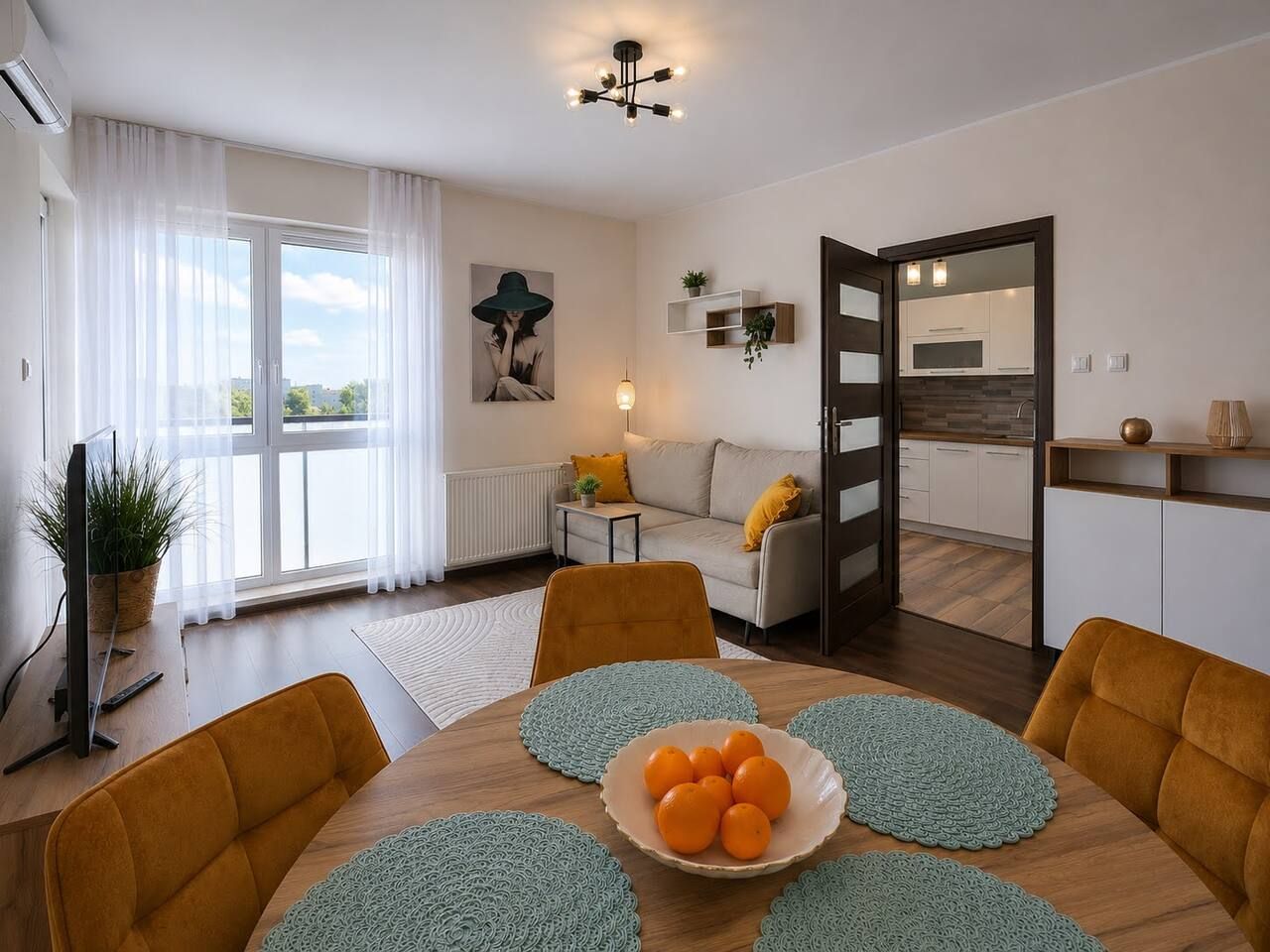 A modern living room with a dining area, a sofa, a TV, and a kitchen visible through an open door.