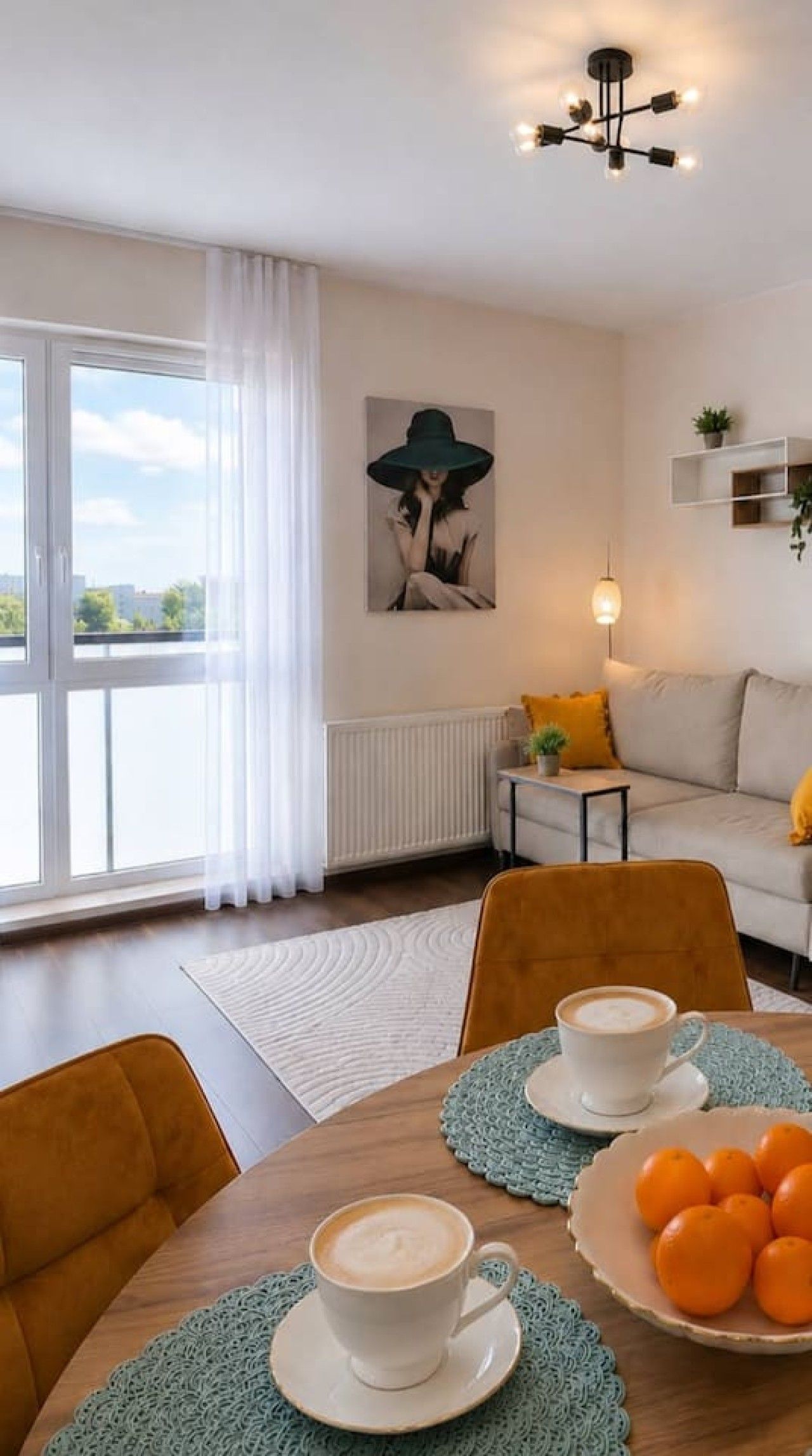 Een moderne woonkamer met een bank, een bijzettafeltje met kopjes, een groot raam met gordijnen en een schilderij aan de muur.