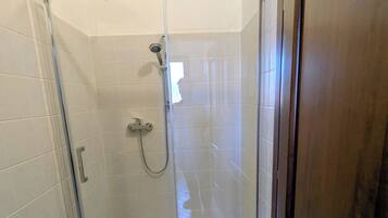 A glass-enclosed shower with a handheld showerhead and a handheld faucet.