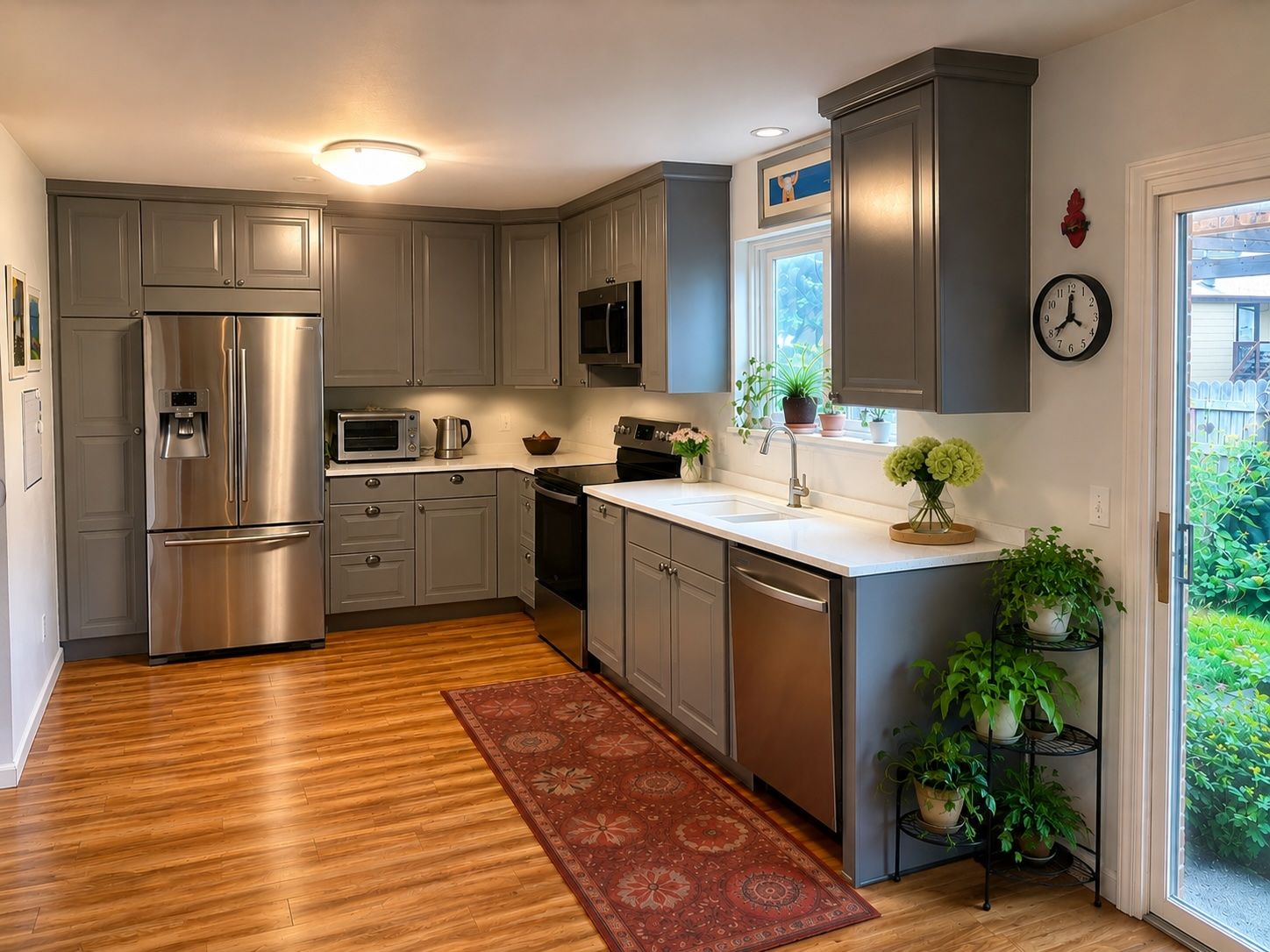 A modern kitchen with stainless steel appliances, a built-in microwave, and a window with potted plants.
