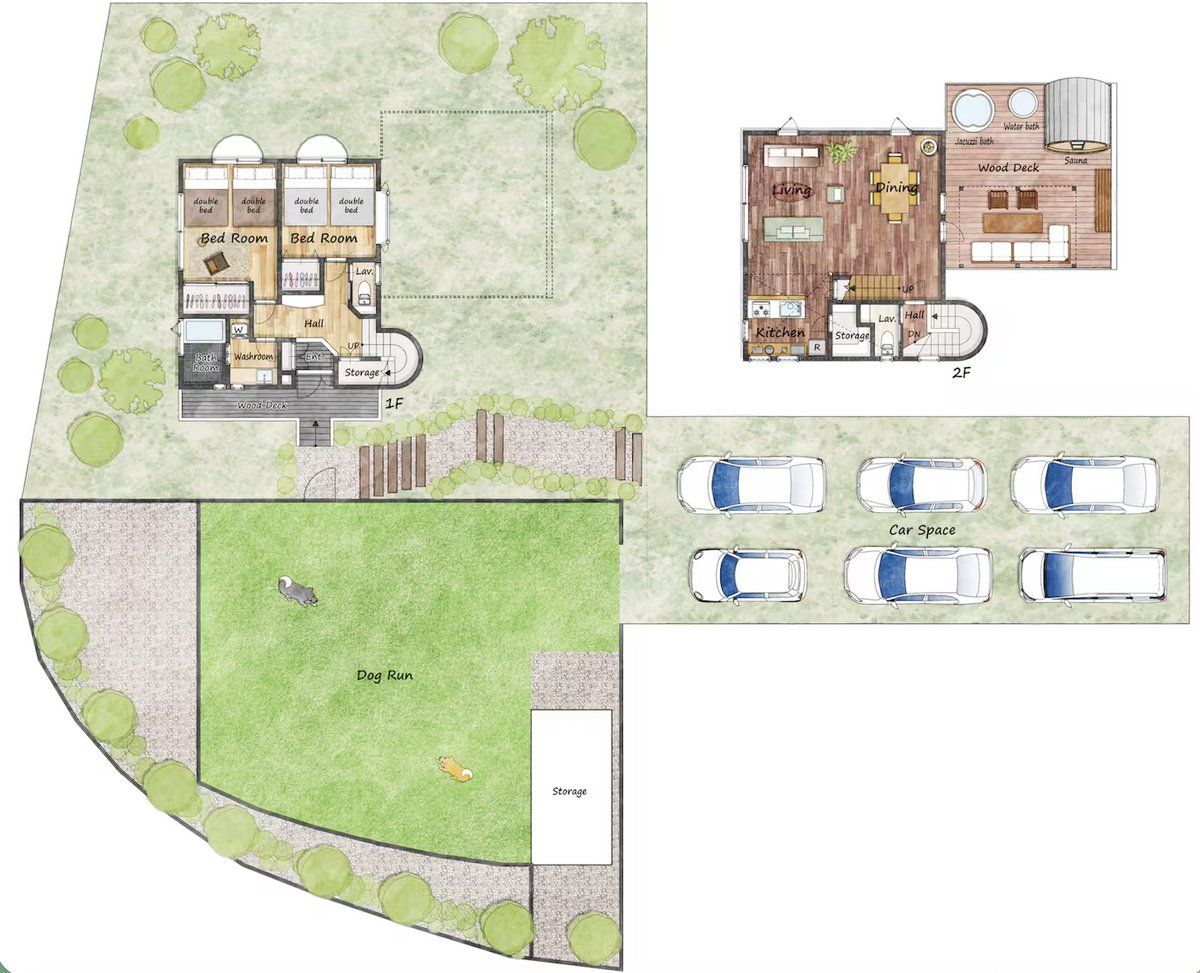 Plano de planta que muestra dos dormitorios, una sala de estar, un comedor, una cocina y un baño, además de un espacio para perros.