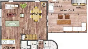 Grundriss eines Hauses mit zwei Obergeschossen, das ein Wohnzimmer, einen Essbereich, eine Küche, Stauraum und eine Holzterrasse zeigt.