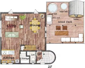 Plano de planta de dos niveles con sala de estar, comedor, cocina, almacenamiento y una terraza de madera.