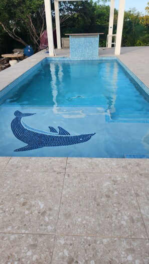 A swimming pool with a dolphin mosaic design on the floor. - Poolside One-Bedroom Retreat @ Villa Troyanda in Grace Bay (Providenciales)