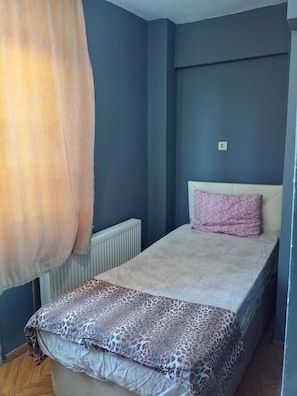 A small, single-bed room with a plain headboard, a radiator, and a power outlet on the wall. - 4-bedroom Apartment With River View, Garden, and 24 7 Self Check-in (Edirne)