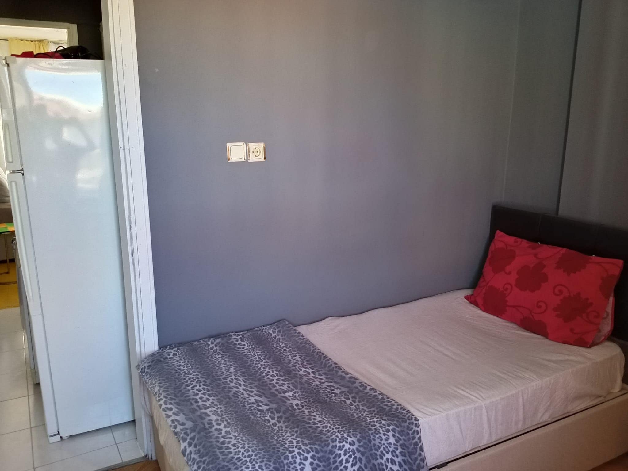 A bedroom with a bed, a red pillow, a grey wall, and a white door.