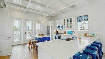 A modern kitchen with white cabinetry, a large island with blue bar stools, and a view of the outdoors through large windows.