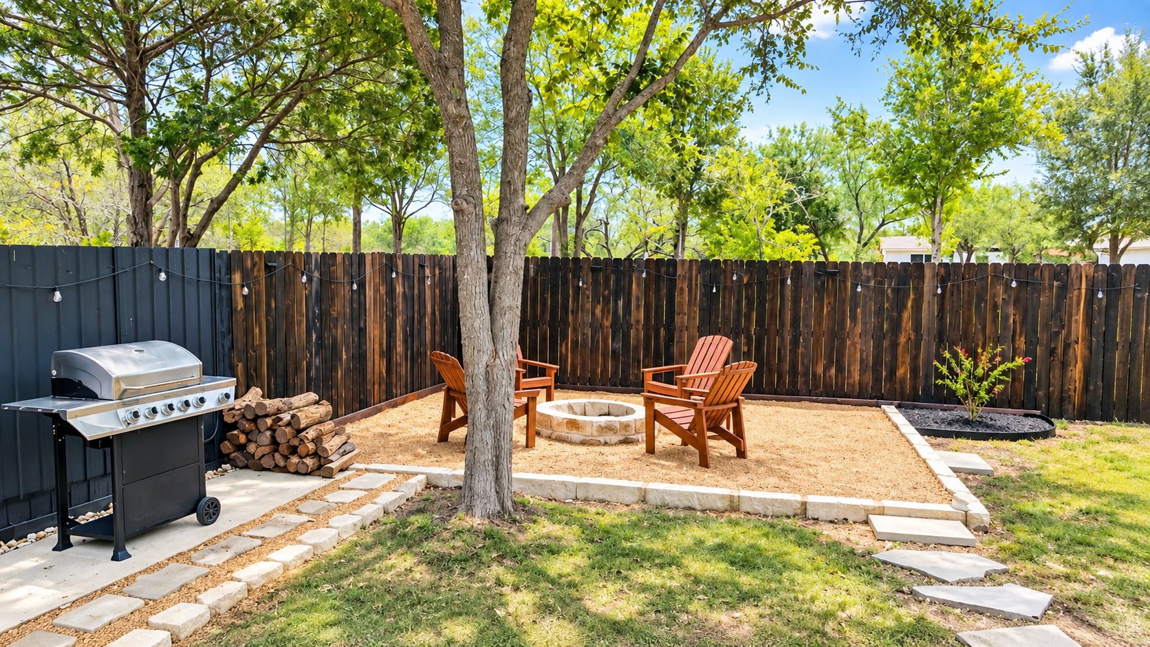 A backyard with a grill, fire pit, and outdoor seating.