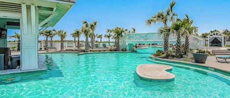 Dive into crystal-clear turquoise waters framed by swaying palms and sunny skies. Relax on the island lounge or float through this tropical oasis—your perfect coastal escape awaits.