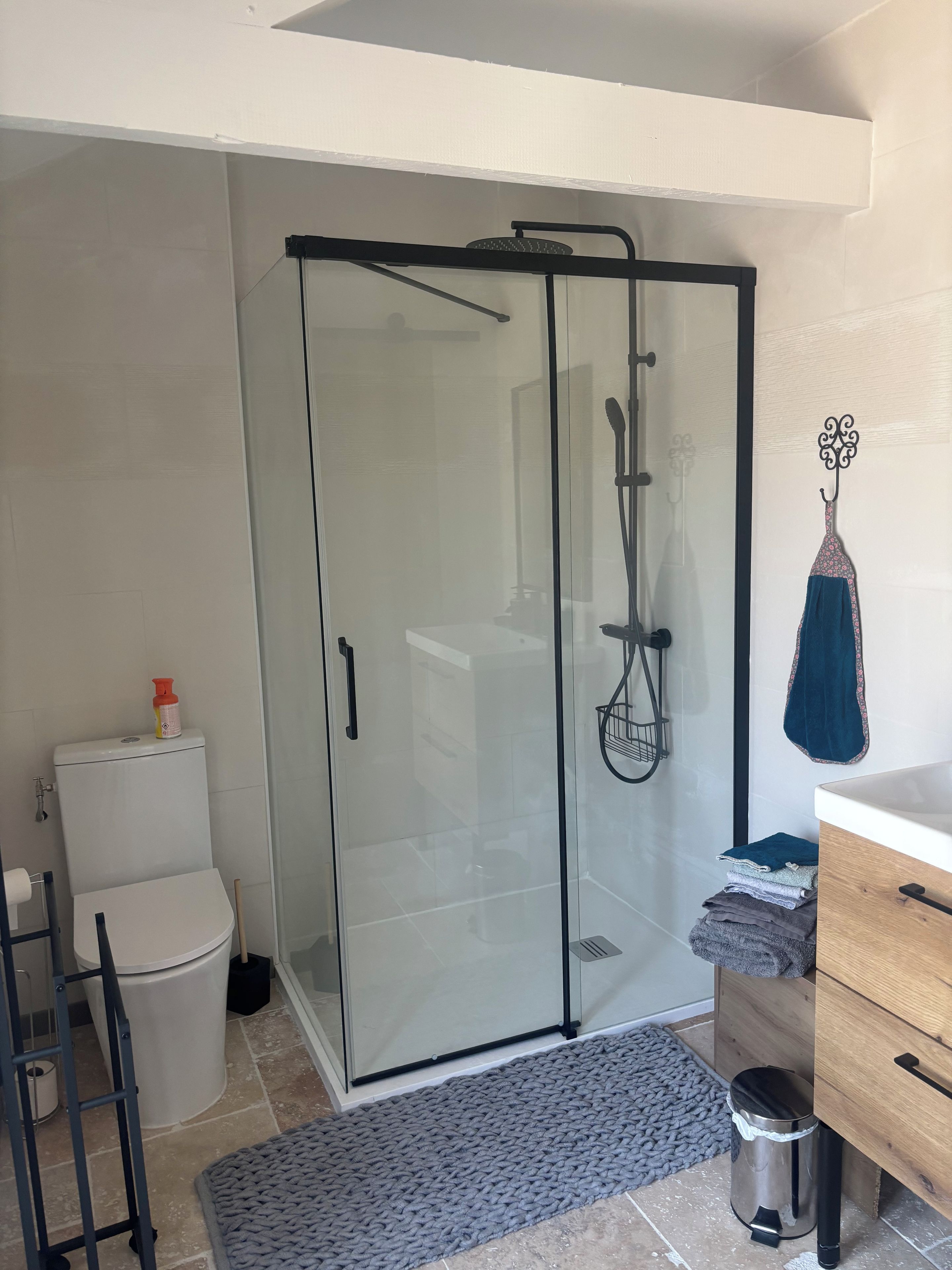 A modern bathroom with a glass shower enclosure, a toilet, a sink with a wooden cabinet, and a towel rack.