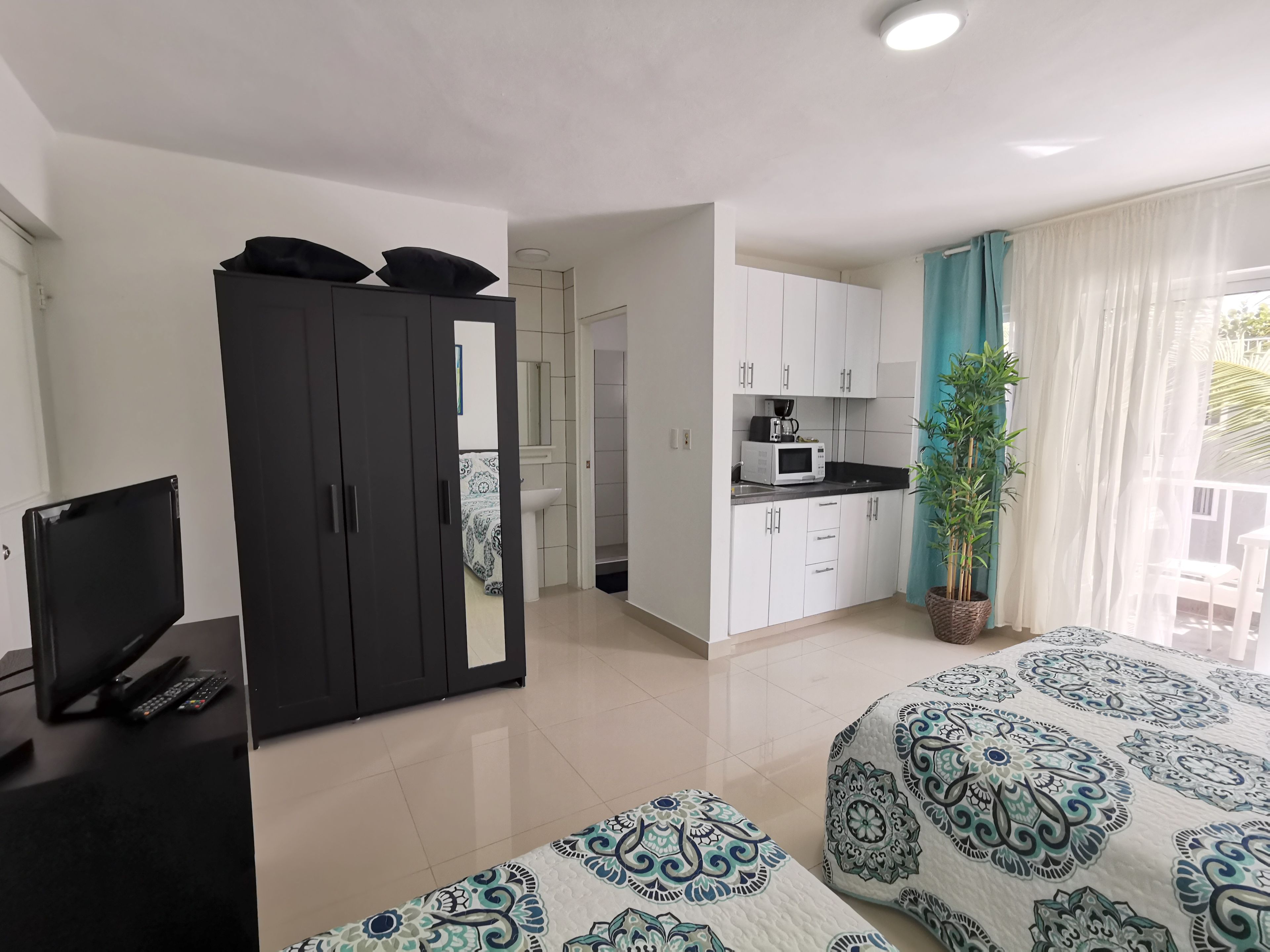 Habitación de hotel con cama, televisión, armario, baño y kitchenette.