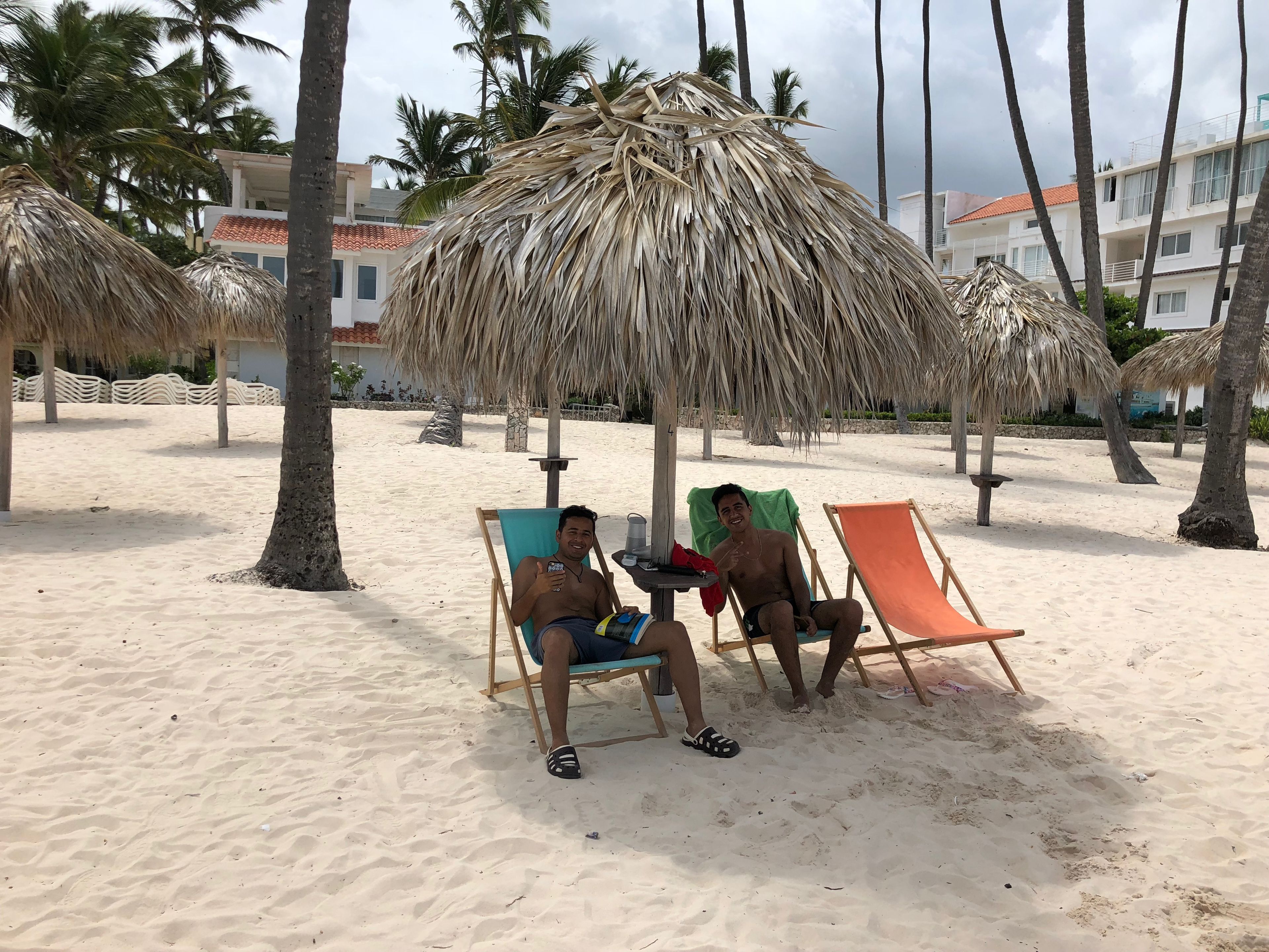 A beach with palm trees and thatched umbrellas.