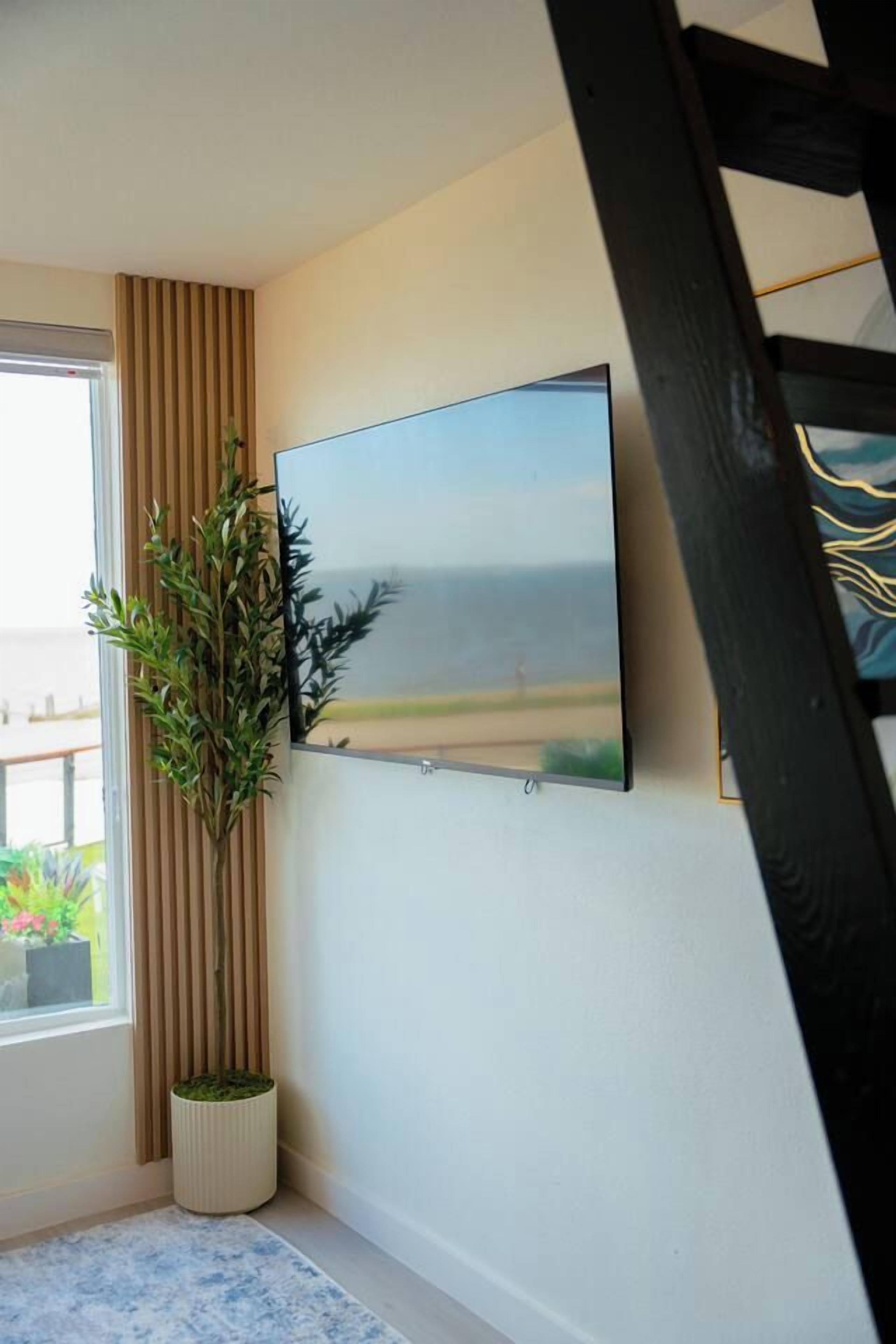 Une pièce dotée d’un grand téléviseur à écran plat fixé au mur, d’une plante en pot et d’une fenêtre avec des rideaux.