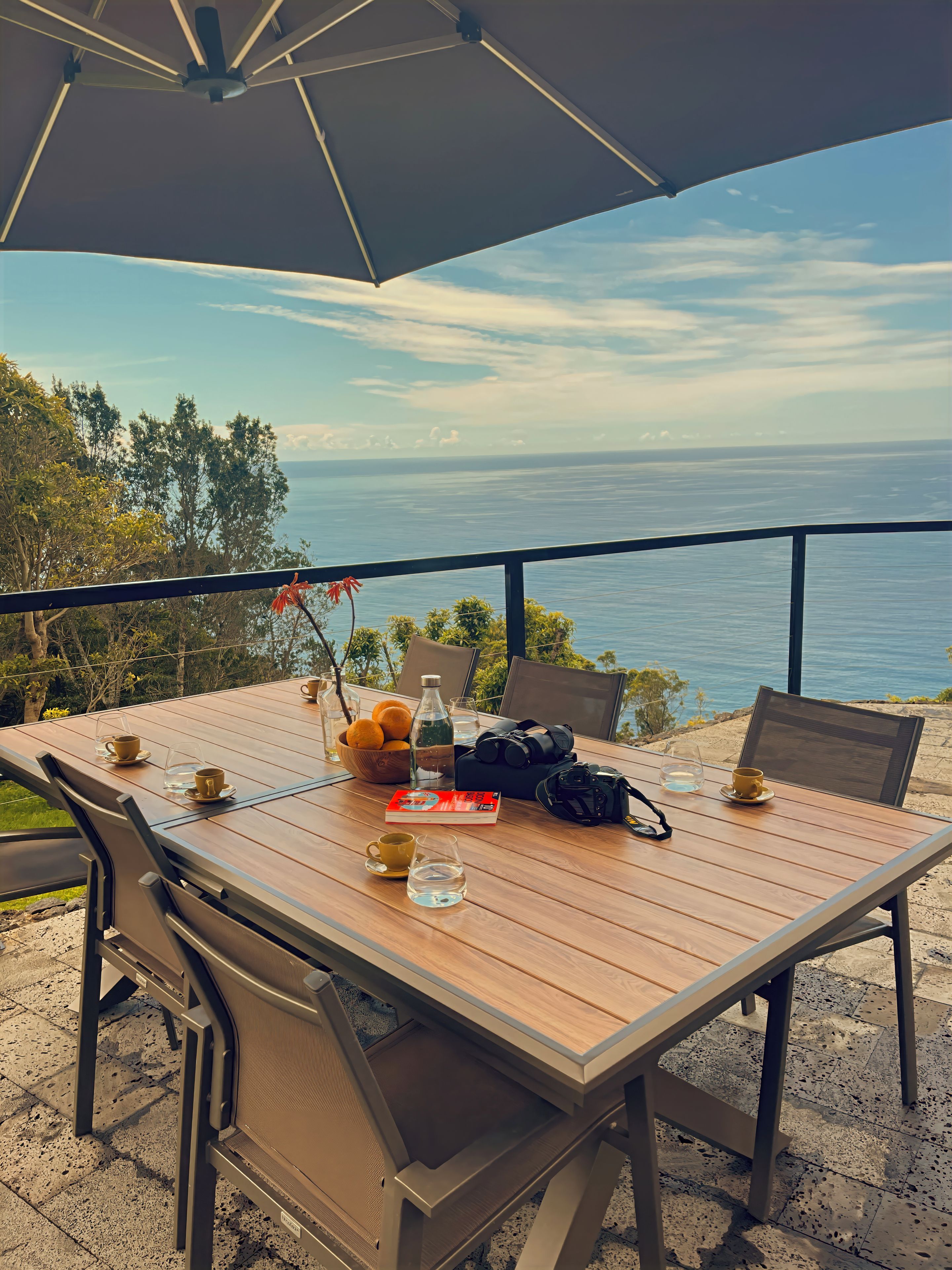 A wooden table with chairs, a table umbrella, and various items including a book, a camera, and a bowl of fruit.