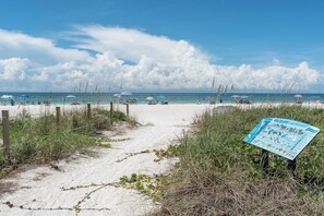 A beach path leading to the sea with a wildlife information board. - Turtle Tales on Anna Maria I Pool & Hot Tub I Bermuda Bay Club (Bradenton Beach)