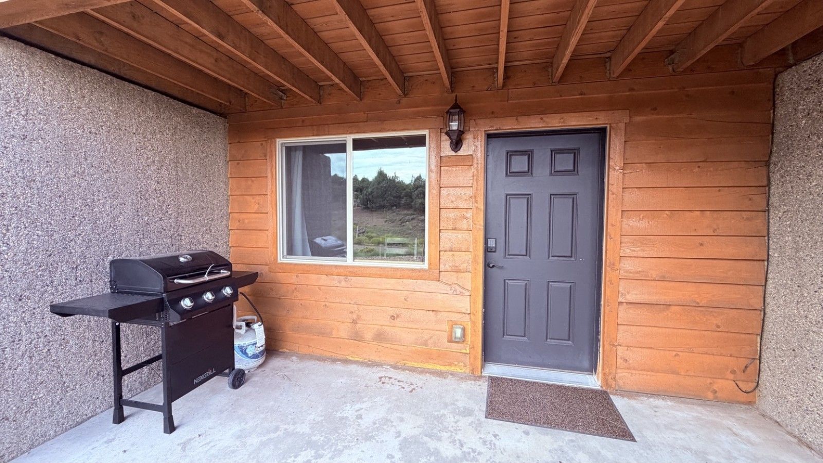 An outdoor patio with a grill and a door.