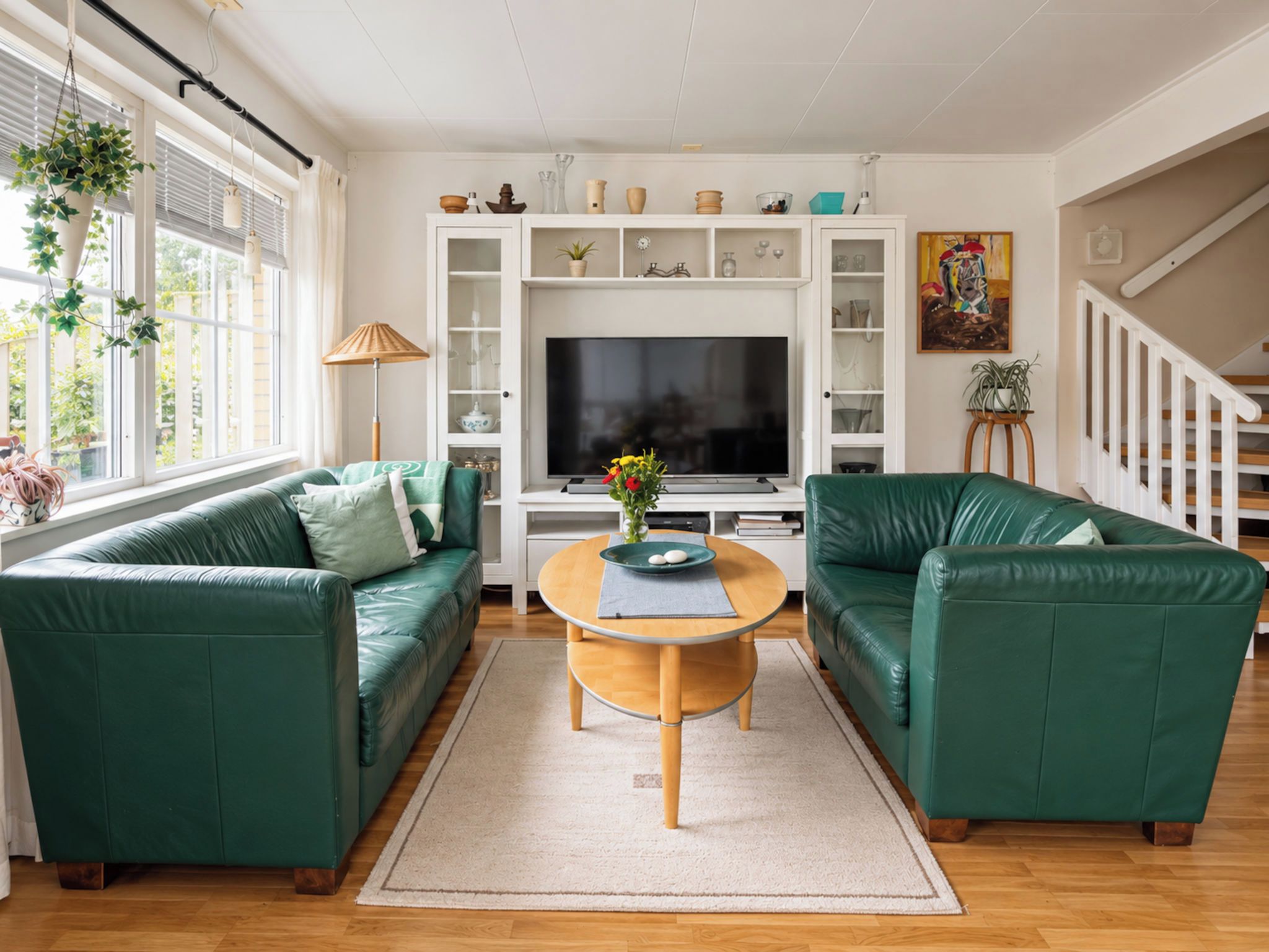 A living room with two green sofas, a coffee table, a TV, and a bookshelf.