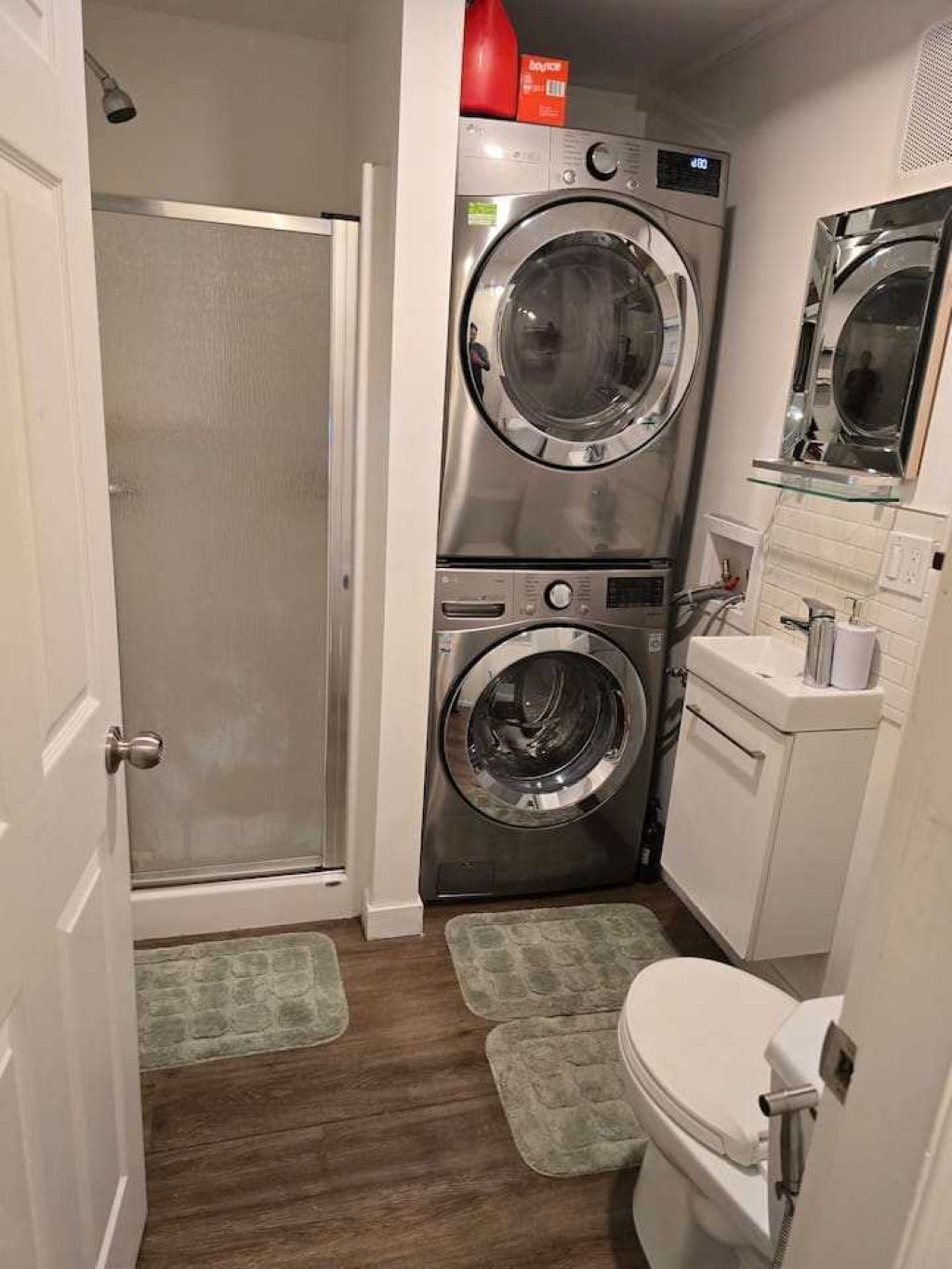 Hair dryer, towels, soap, toilet paper