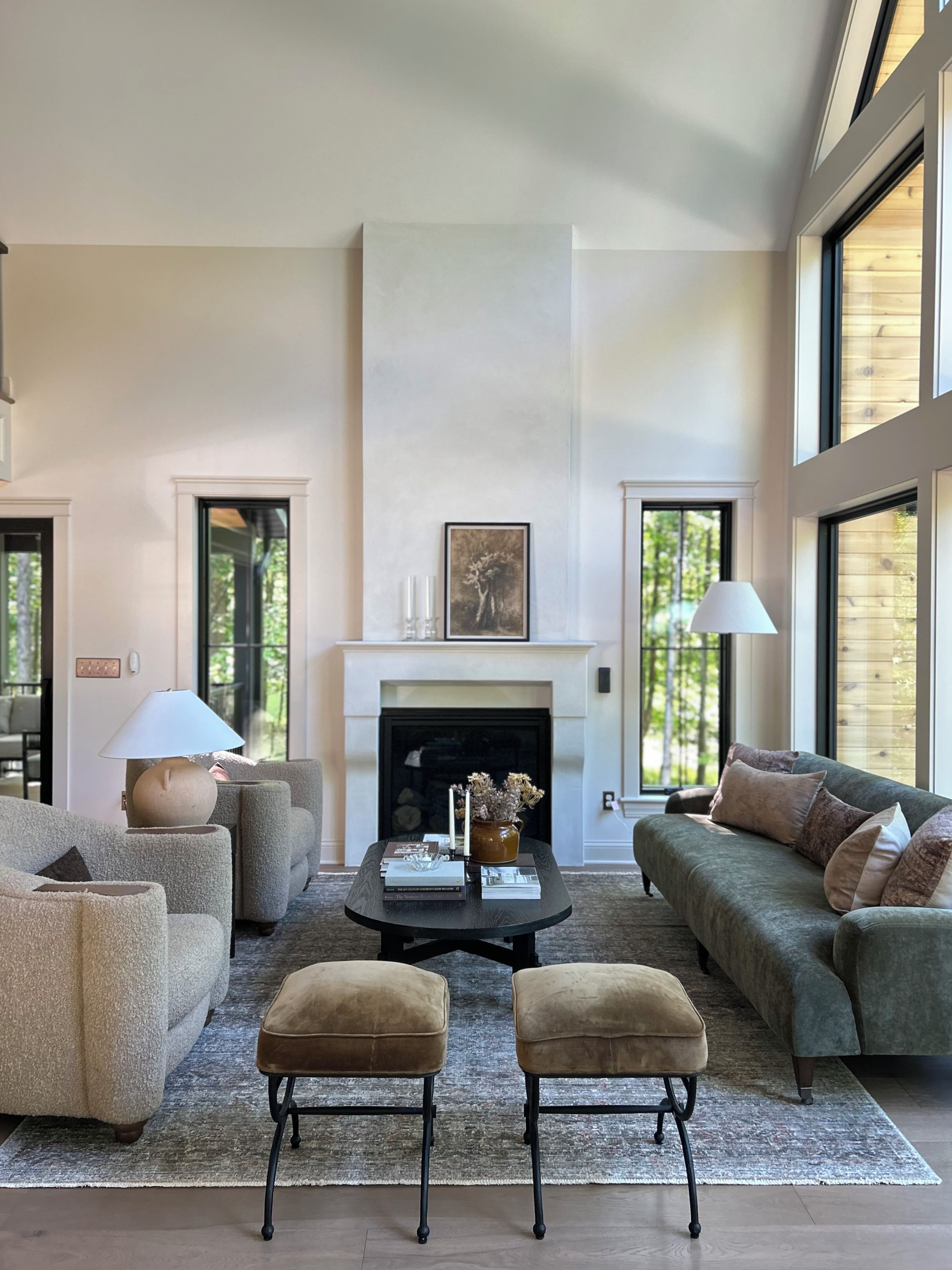 A modern living room with a fireplace, sofas, a coffee table, and a rug.