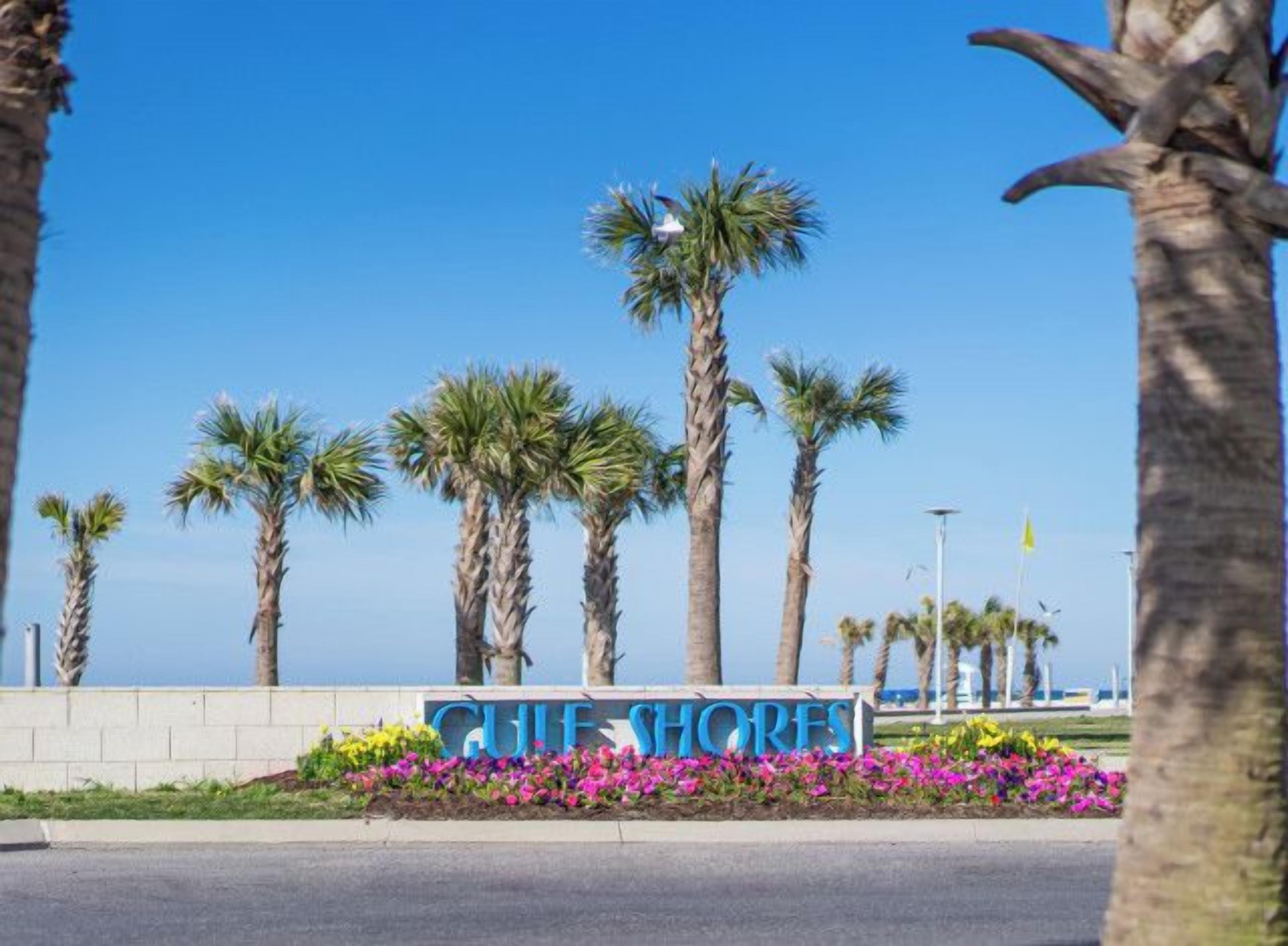 Gulf Shores Entrance: Palm trees sway as you step into paradise—your beach adventure awaits!