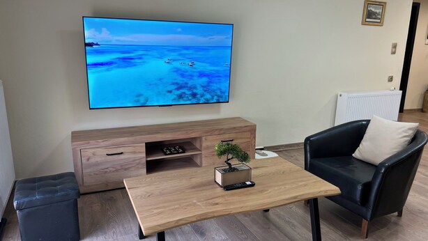 Un saló amb un televisor de pantalla plana fixat a la paret, una taula de centre de fusta, un sofà de cuir negre i una petita planta sobre la taula.