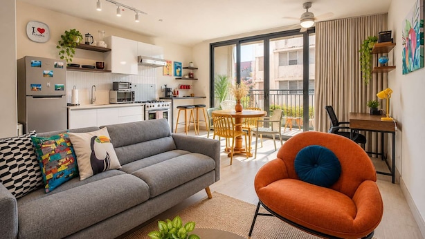 En moderne lejlighed med en grå sofa, en orange lænestol og et spiseområde med bord og stole.