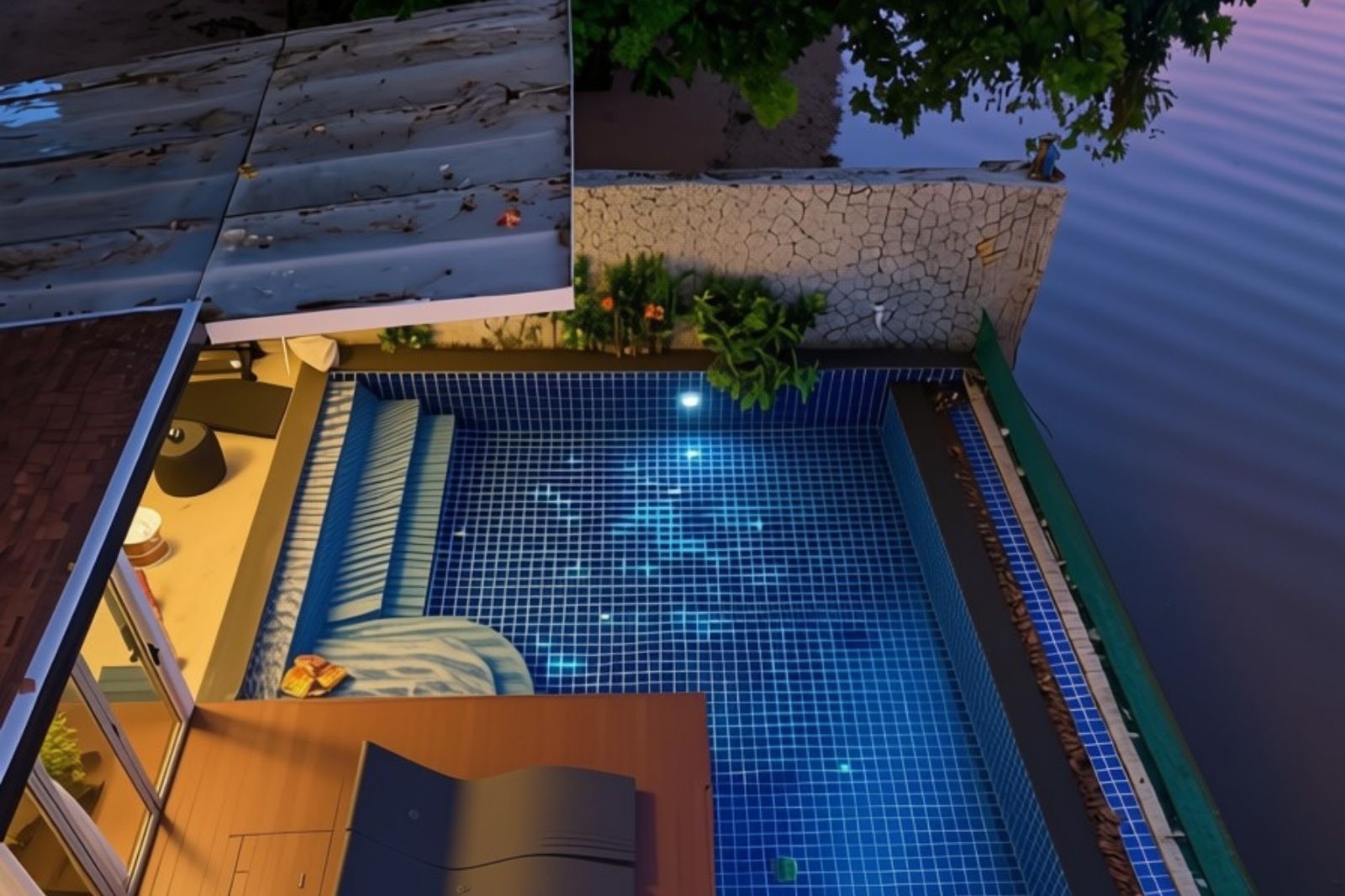 A swimming pool with a tiled edge, surrounded by a stone wall and a wooden deck.