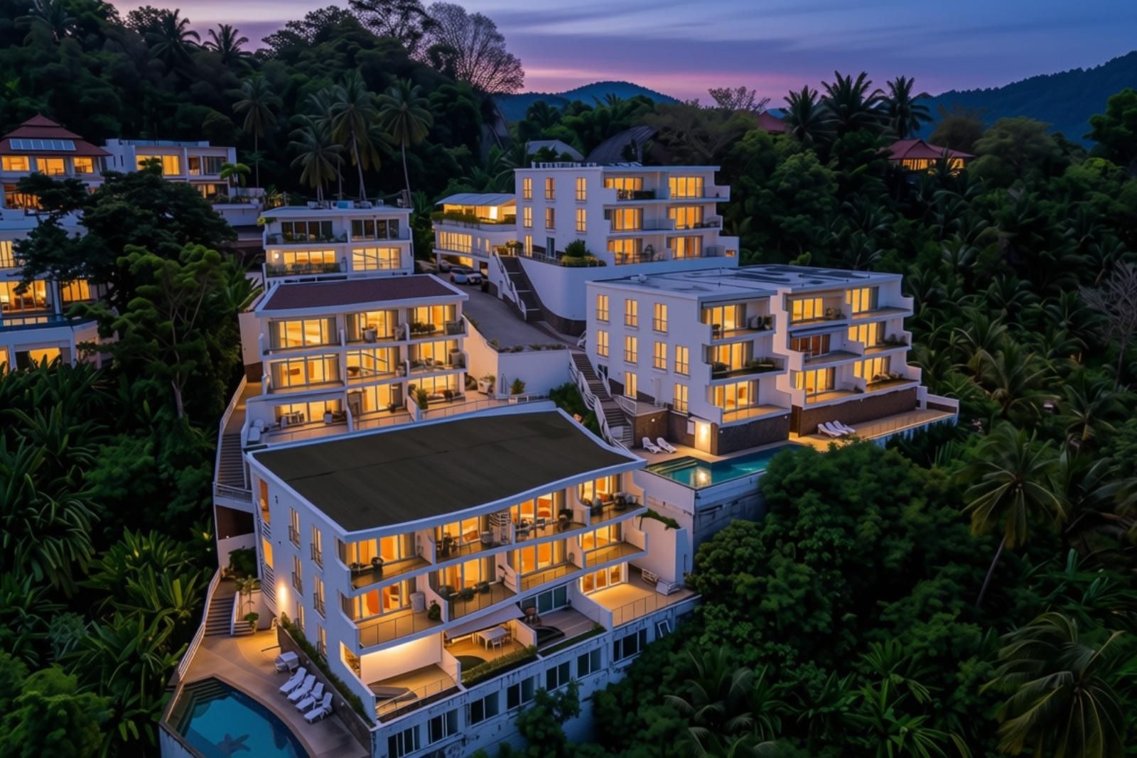 A multi-story hotel with a pool, surrounded by lush greenery and hills.