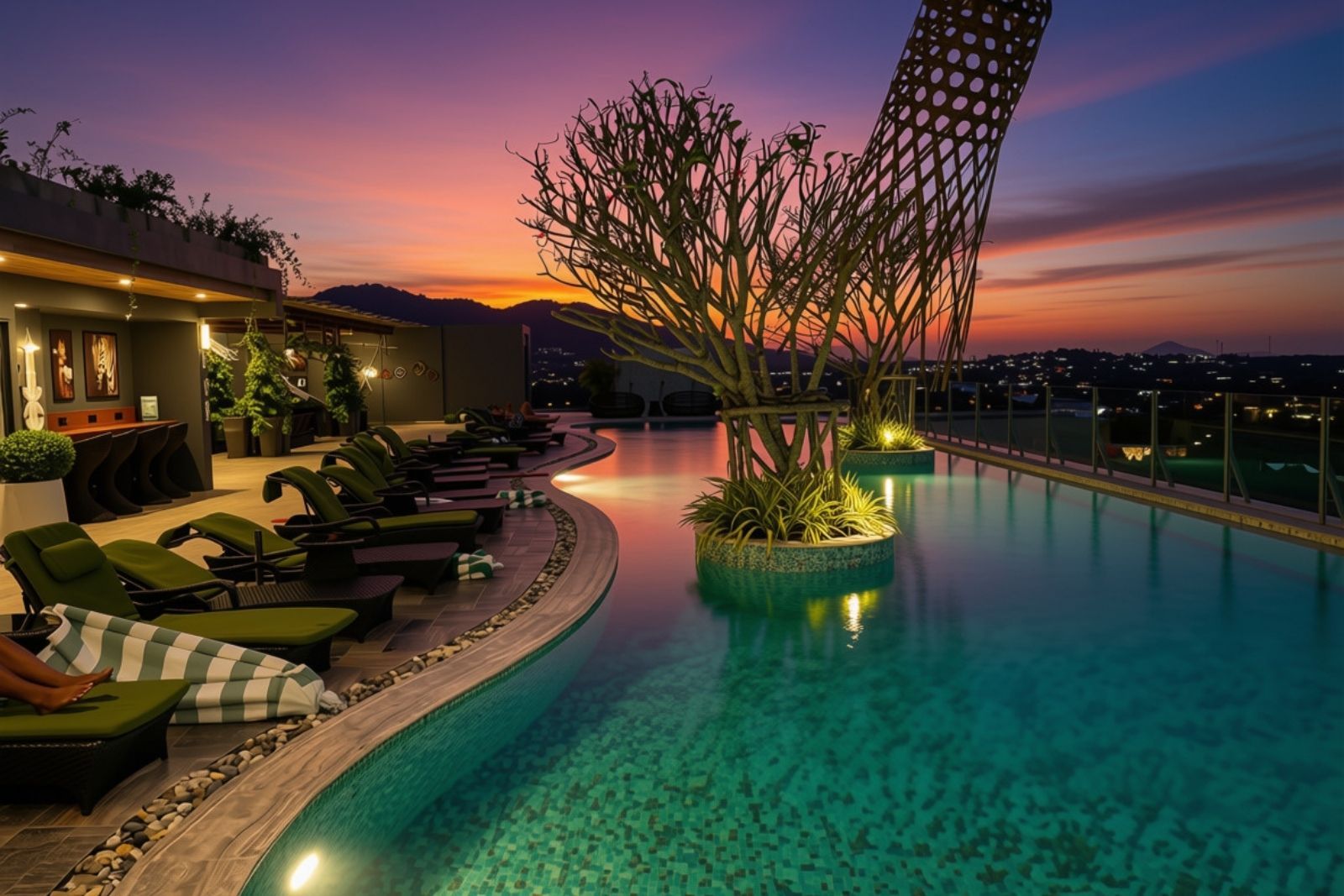 A rooftop pool area with lounge chairs and a bar, surrounded by plants and a sunset view.