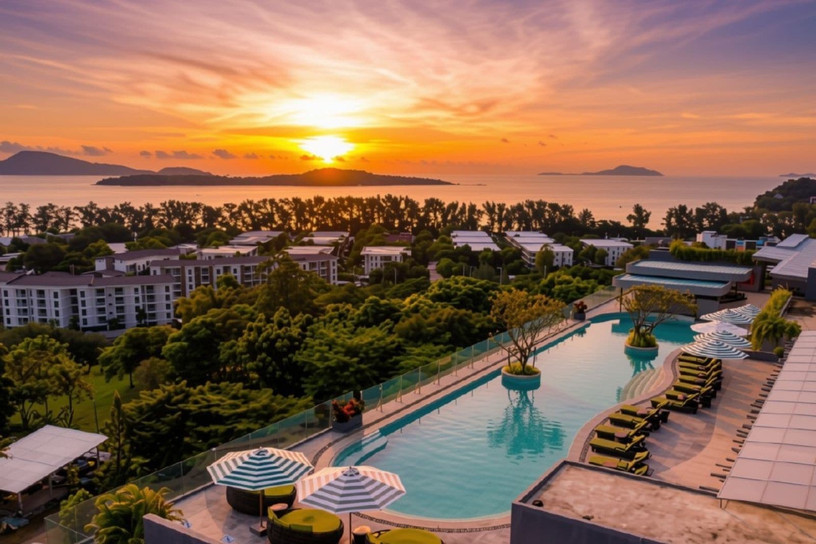 Un resort con piscina, sillas de descanso y vistas al atardecer sobre el mar.