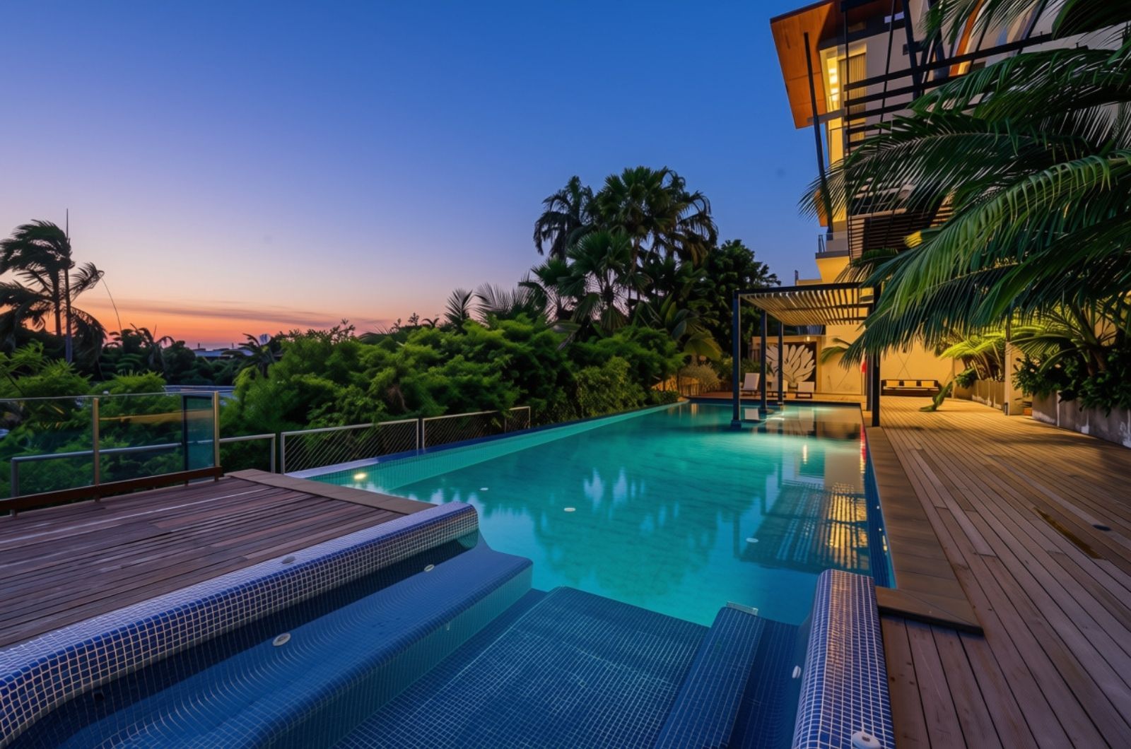 A swimming pool with a wooden deck, surrounded by lush greenery and a modern building with a glass facade.