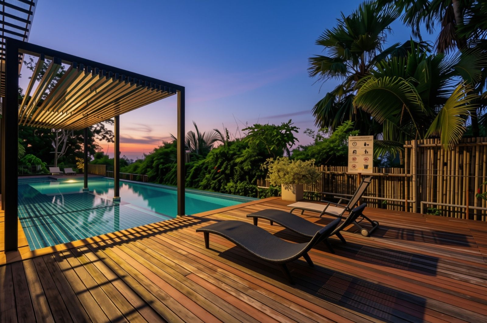 Une terrasse en bois avec une piscine et des chaises longues, entourée d’une végétation tropicale.