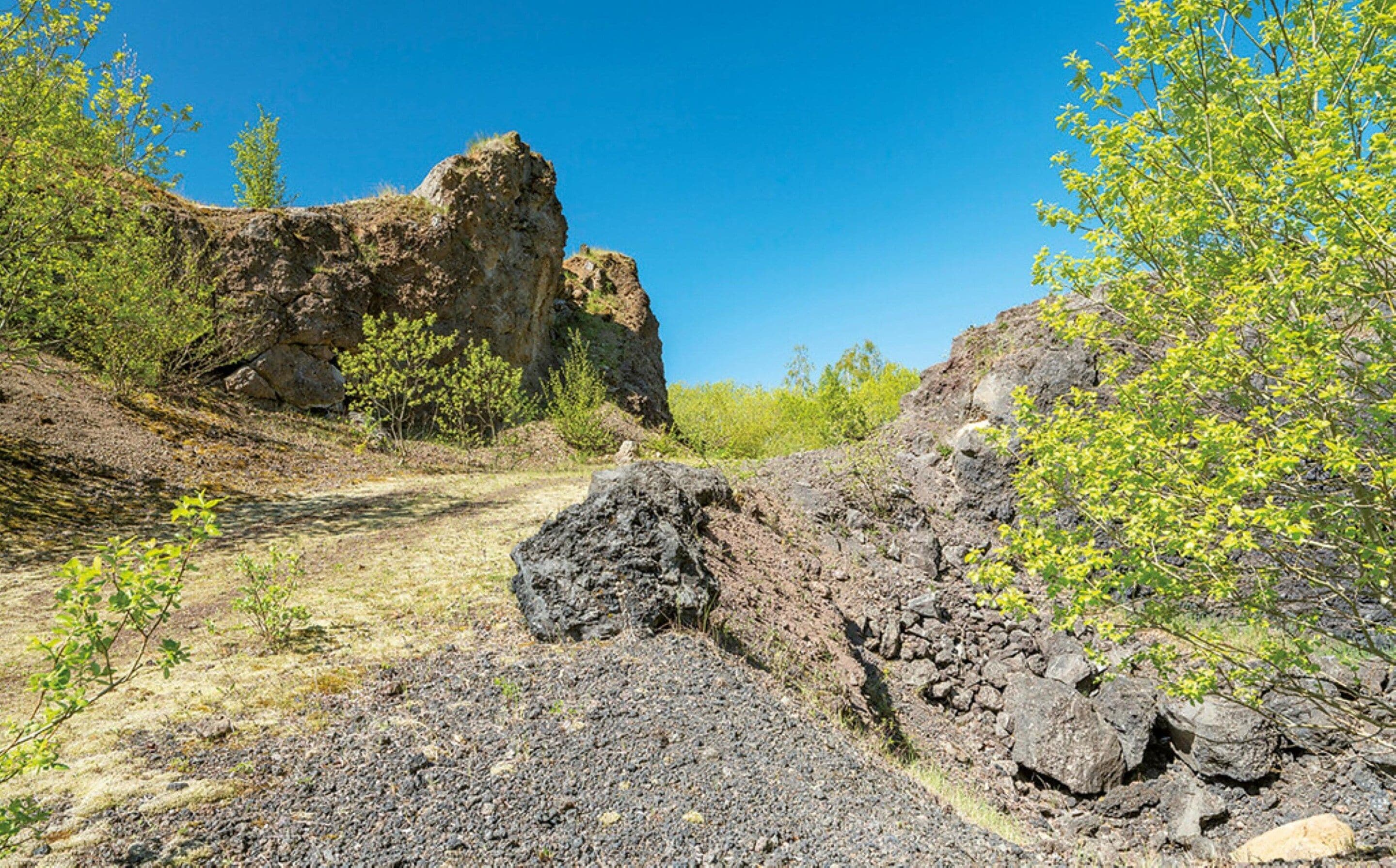 A rocky terrain with a prominent rock formation and sparse vegetation.