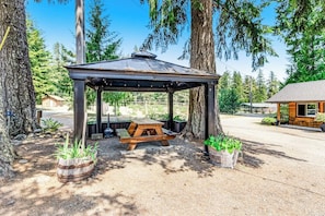 Ein Pavillon mit Picknicktisch, umgeben von Bäumen und einer Holzhütte.