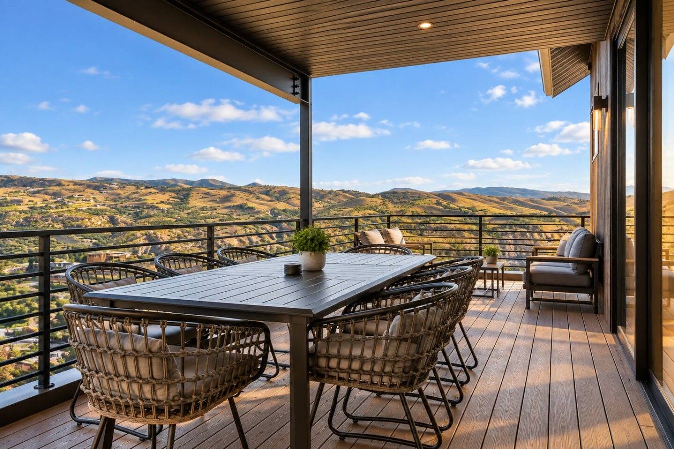 A wooden deck with a table and chairs, overlooking a mountainous landscape.